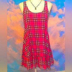 Fun and Vibrant Pink Plaid Ruffle Tank Mini Dress (Sz. Medium)
